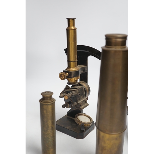 1349 - Two brass and black lacquered microscopes, one by Adam Hilger and two brass telescopes