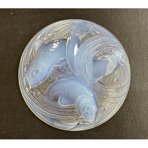 1353 - Pierre D'Avesn - a Lalique style opalescent glass dish, moulded in relief with three carp among wave... 