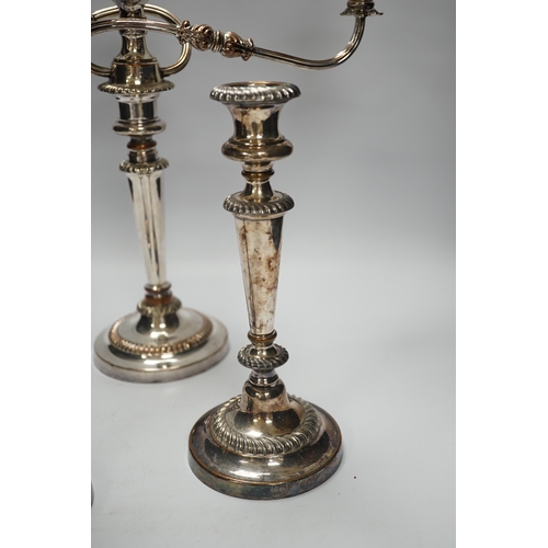 1354 - A Sheffield plate two branch, three light candelabra and a pair of  candlesticks, candelabra 36cm hi... 