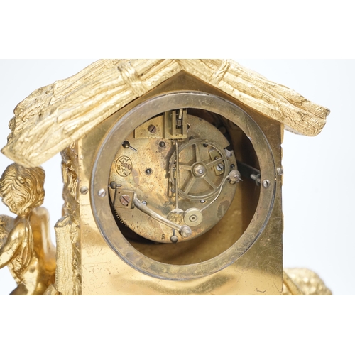 1360 - A 19th century ormolu clock, Richard & Cie stamped movement, case formed as a log cabin with child a... 