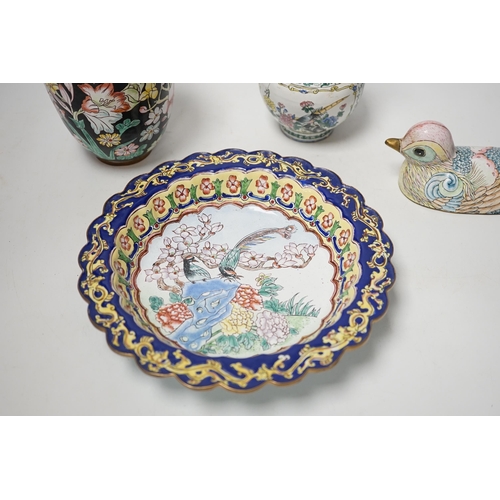 1362 - Two Chinese Canton (Guangzhou) enamel vases, a bowl and a 'duck' box and cover (4)