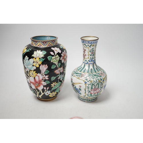 1362 - Two Chinese Canton (Guangzhou) enamel vases, a bowl and a 'duck' box and cover (4)