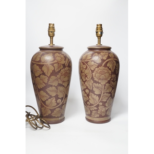 1363 - A pair of modern pottery floral designed lamps, total height 42cm