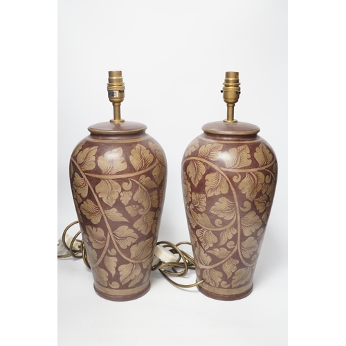 1363 - A pair of modern pottery floral designed lamps, total height 42cm