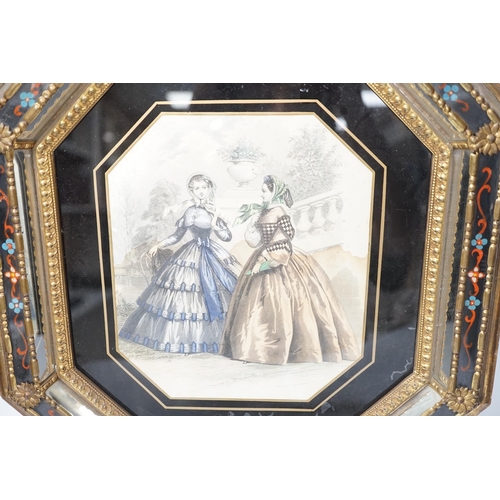 1366 - An octagonal embossed brass and verre eglomise mirrored frame,36cm x 39cm