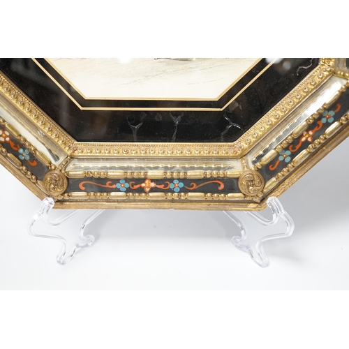 1366 - An octagonal embossed brass and verre eglomise mirrored frame,36cm x 39cm