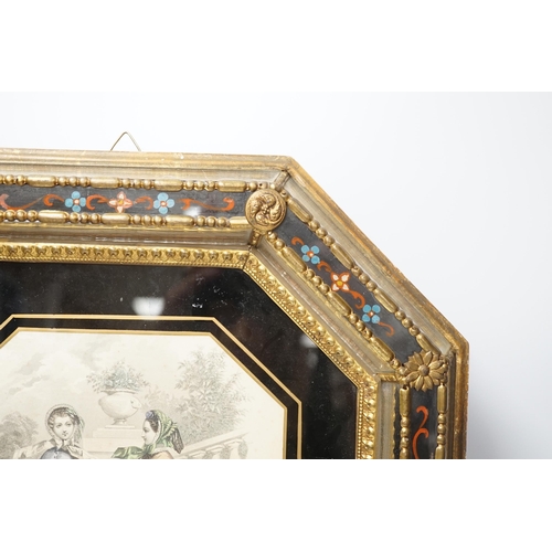 1366 - An octagonal embossed brass and verre eglomise mirrored frame,36cm x 39cm