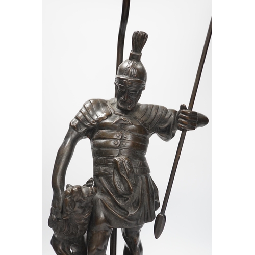 1370 - A bronze Roman soldier and lion table lamp, 60cm high including light fitting