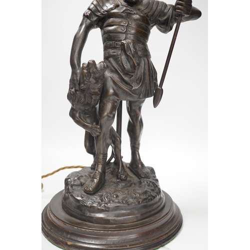 1370 - A bronze Roman soldier and lion table lamp, 60cm high including light fitting