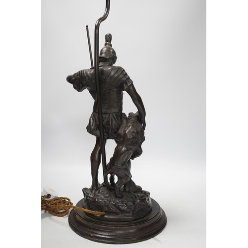 1370 - A bronze Roman soldier and lion table lamp, 60cm high including light fitting