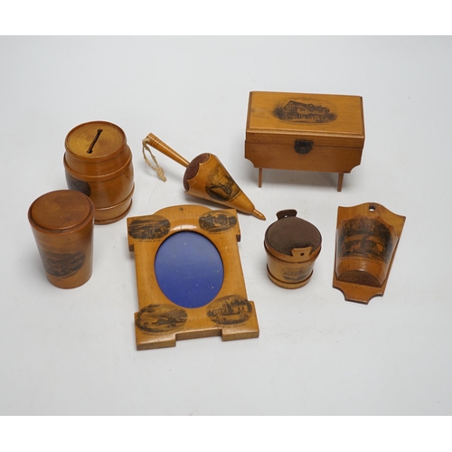 1379 - Sixteen mixed Mauchline ware boxes,  pin cushions, pots, and a frame etc, tallest 13.5cm high