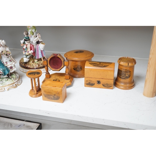 1379 - Sixteen mixed Mauchline ware boxes,  pin cushions, pots, and a frame etc, tallest 13.5cm high