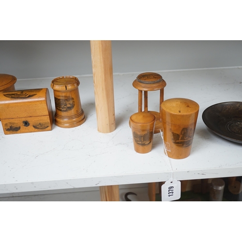 1379 - Sixteen mixed Mauchline ware boxes,  pin cushions, pots, and a frame etc, tallest 13.5cm high