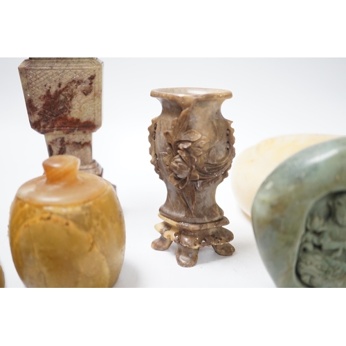 1382 - A group of Chinese soapstone or alabaster vessels and a carving of Guanyin, tallest 15cm high (16)... 