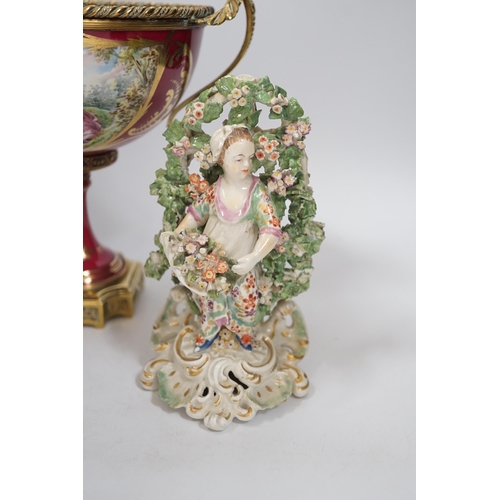 1387 - A pair of Derby figures, c.1775, a Paris porcelain gilt metal mounted comport and a glass jar, 21cm ... 