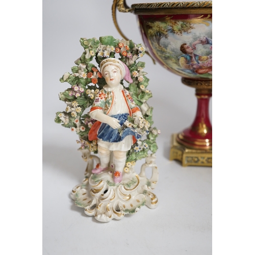 1387 - A pair of Derby figures, c.1775, a Paris porcelain gilt metal mounted comport and a glass jar, 21cm ... 