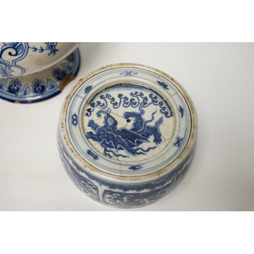 1392 - A Chinese blue and white jar and cover, Xuande mark, probably late Qing and a French faience vase (2... 