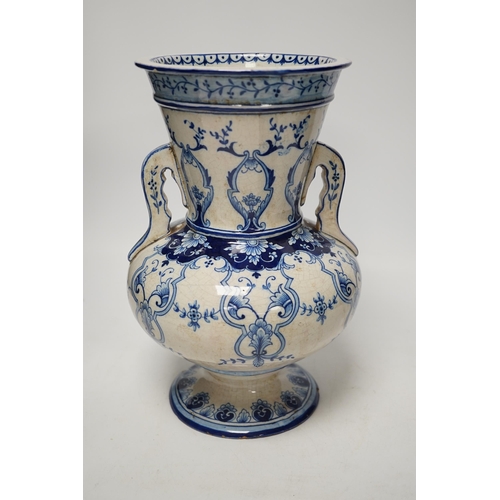 1392 - A Chinese blue and white jar and cover, Xuande mark, probably late Qing and a French faience vase (2... 