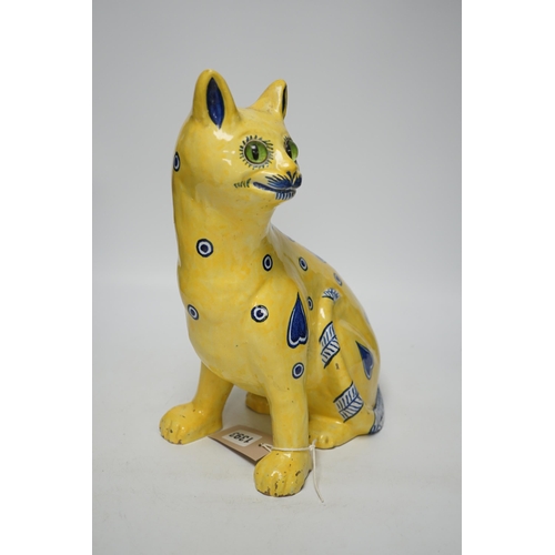 1393 - A Mosanic Galle style faience seated cat with glass eyes, c.1900-10, 31cm