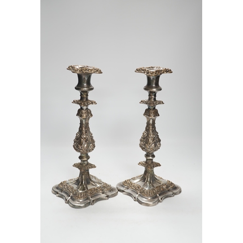 1407 - A pair of silver plate Sheffield candlesticks, 31cm high