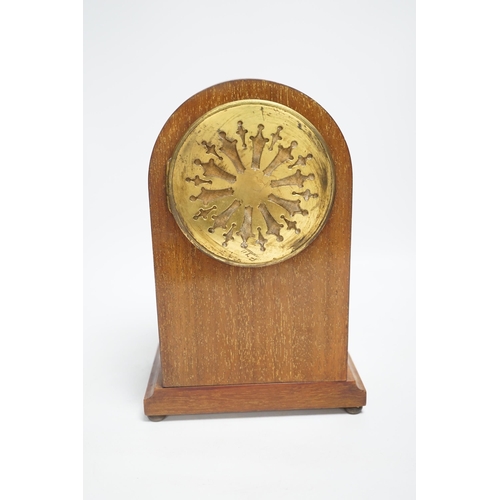 1409 - An Edwardian marquetry mantel clock with enamel dial, the case inlaid with swags, 26cm high