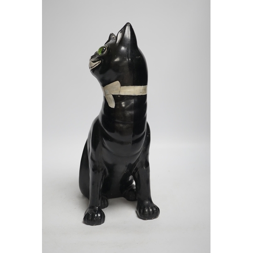 1410 - A Gallé style black glazed model cat with glass eyes, possibly Mosanic, 33cm high