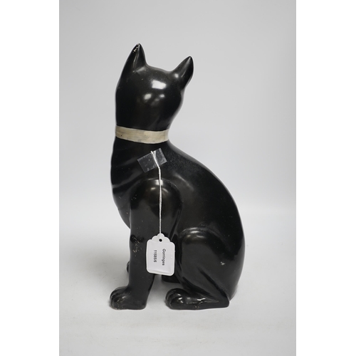 1410 - A Gallé style black glazed model cat with glass eyes, possibly Mosanic, 33cm high