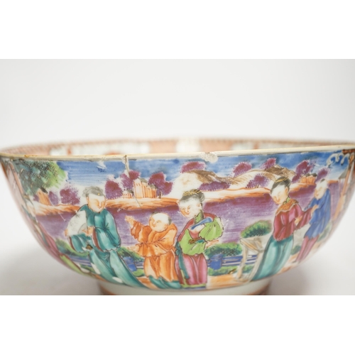 1411 - An 18th century Chinese Mandarin pattern bowl (cracked), 25cm in diameter