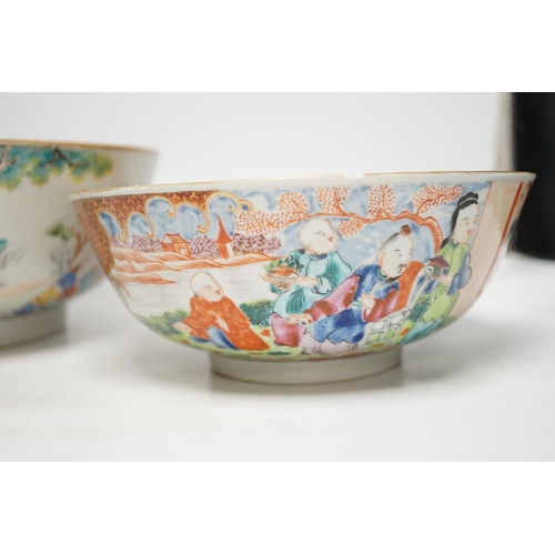 1415 - A Chinese famille rose bowl decorated with a dignitary and court figures (a.f.) and another smaller ... 