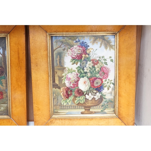 1425 - A pair of large English porcelain plaques, painted with flowers in urns, c.1830, maple framed (one c... 