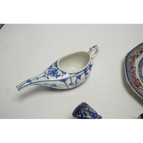 1436 - An 18th century Chinese export dish, a Iznik style flask and an onion pattern piece