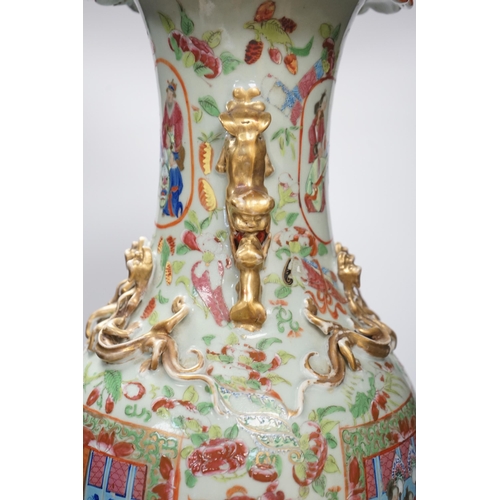 1452 - A large Chinese famille rose celadon ground vase, 19th century, 64cm high (a.f.)