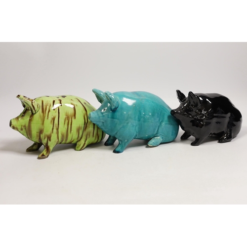 1485 - Three Wemyss style pigs in turquoise, pale green / brown and black glazes, one indistinctly marked W... 