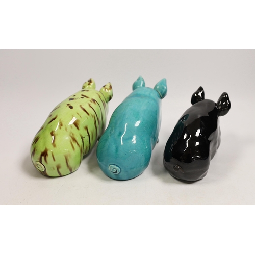 1485 - Three Wemyss style pigs in turquoise, pale green / brown and black glazes, one indistinctly marked W... 