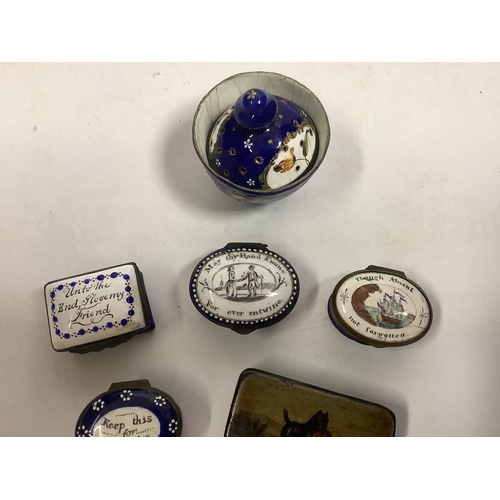 1532 - Two South Staffordshire enamel sweetheart patch boxes and two similar snuff boxes, three South Staff... 