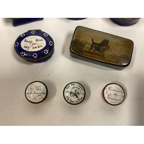 1532 - Two South Staffordshire enamel sweetheart patch boxes and two similar snuff boxes, three South Staff... 