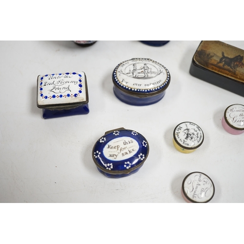 1532 - Two South Staffordshire enamel sweetheart patch boxes and two similar snuff boxes, three South Staff... 