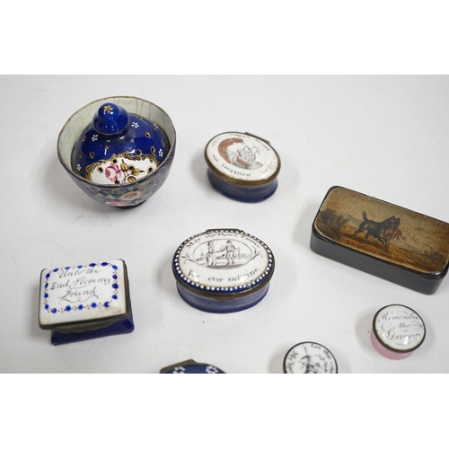 1532 - Two South Staffordshire enamel sweetheart patch boxes and two similar snuff boxes, three South Staff... 