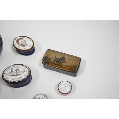 1532 - Two South Staffordshire enamel sweetheart patch boxes and two similar snuff boxes, three South Staff... 