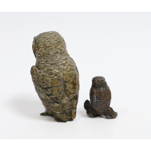 1555 - An Austrian cold painted bronze model of an Owl and a similar smaller metal owl, bronze owl 6cm high... 