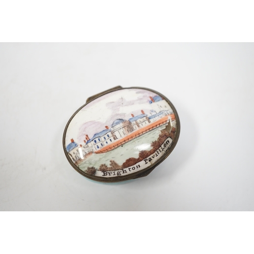 1563 - A rare South Staffordshire enamel patch box with an early view of Henry Hollands Brighton pavilion,... 