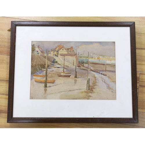 1681 - Arthur Suker (1857-1902), watercolour, Fishing village at low tide, monogrammed and dated 1921, 23 x... 