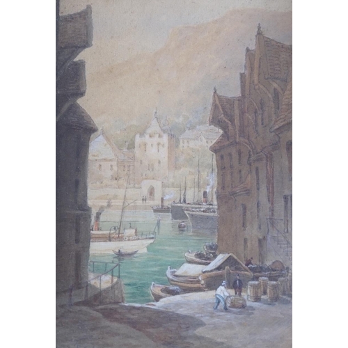 1688 - T Hart (19th / 20th. C) set of three watercolours, Waterfalls and Continental harbour scene, each si... 