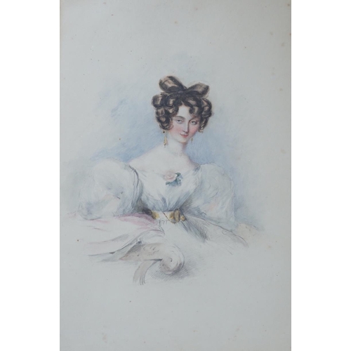 1693 - Early 19th century English school, watercolour, Portrait of a young lady, together with an oil on ca... 