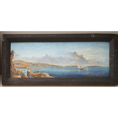 1700 - Maltese School, oil on board, Panoramic view of St. Paul's Bay, Malta, 37 x 14cm