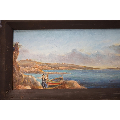 1700 - Maltese School, oil on board, Panoramic view of St. Paul's Bay, Malta, 37 x 14cm