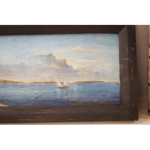 1700 - Maltese School, oil on board, Panoramic view of St. Paul's Bay, Malta, 37 x 14cm