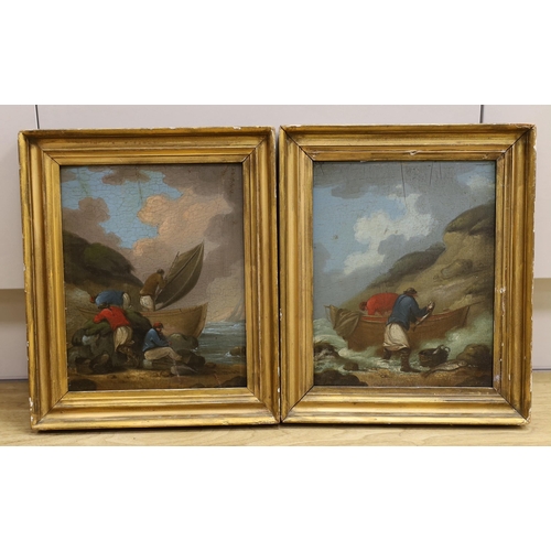 1702 - 19th century English School, pair of oils on board, Coastal scenes with fisherfolk, 25 x 20cm