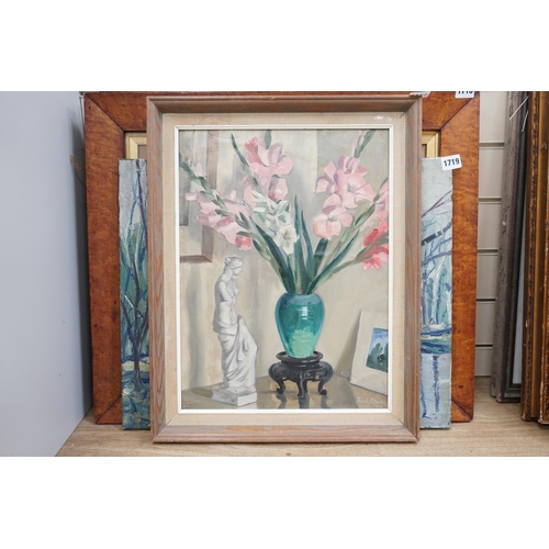 1720 - Ford-Dunn, oil on canvas board, Still life of gladioli and a classical figure, signed, 46 x 34cm... 