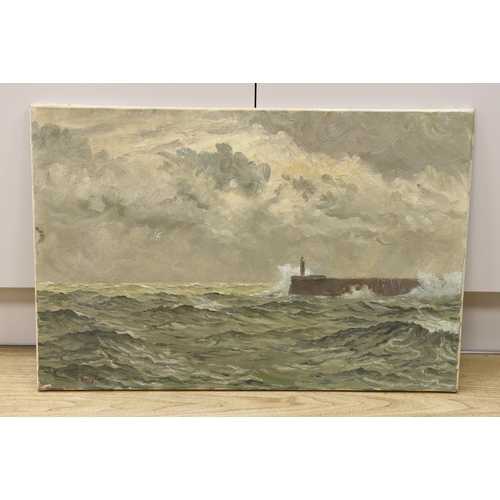 1729 - Sidney Robertson Rodger (1916-1981), oil on canvas, Seascape with jetty and lighthouse, signed, 50 x... 